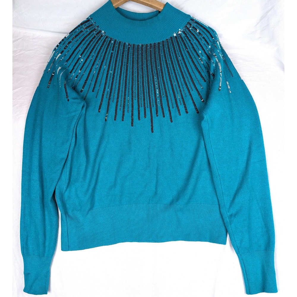Oliver.o Teal Blue Sequin Sunburst Mock Neck Knit Sweater Size Medium